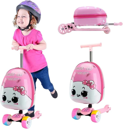 Trotinete - Trotineta Pliabila 2 in 1 cu Troler pentru Copii, Roti LED, Ghidon Reglabil, Model Pisica, ROZ