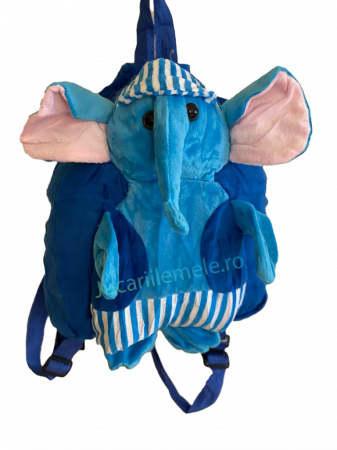 Articole pentru scoala si gradinita - Rucsac din plus de tip ghiozdanel pentru copii Albastru - Elefant cu palarie