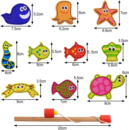 Joc Pescuit Magnetic - 12 Animale Marine, Set din Lemn [2]