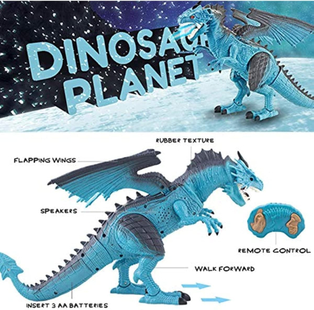 Dragon de Jucarie cu Telecomanda, Lumini, Sunete, Aripi Mobile si Efect de Fum, 26 cm, Albastru [4]