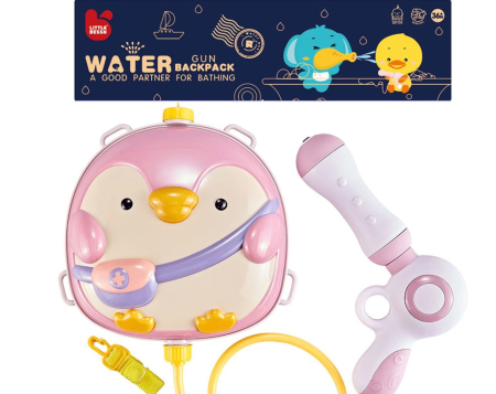 Jucarii fete - Ghiozdan cu Pistol cu Apa pentru Copii, Model Pinguin cu Borseta, Rezervor 1600 ml, Mov/Roz