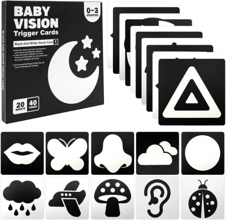 Bebe 9 luni+ - Set 20 de Carduri Stimulare Vizuala pentru Bebelusi, 4 Etape de Dezvoltare