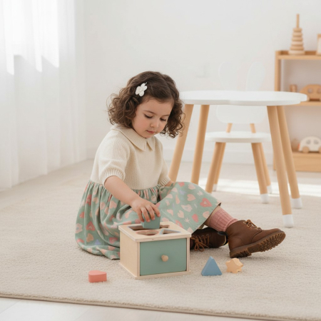 Copii 1 an+ - Jucarie Senzoriala Montessori din Lemn, Sortator de Forme Geometrice cu Sertar, Dezvoltare Motricitate, 2 ani +, VERDE