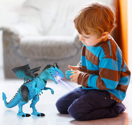 Dragon de Jucarie cu Telecomanda, Lumini, Sunete, Aripi Mobile si Efect de Fum, 26 cm, Albastru [1]