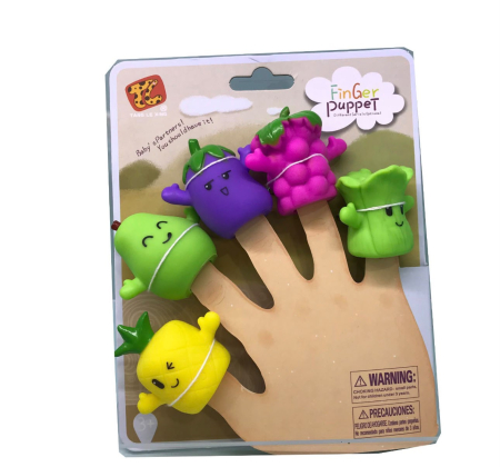 Jocuri de indemanare si dexteritate - Set 5 Papusi din Silicon pentru Degete cu Fructe si Legume, Joc de Rol Educativ