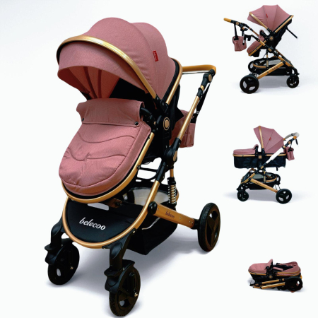 Carucioare si articole transport copii si bebelusi - Carucior 2 in 1, Cadru din Aluminiu, Landou Reversibil, Roti din Cauciuc si Accesorii Incluse, ROZ/NEGRU