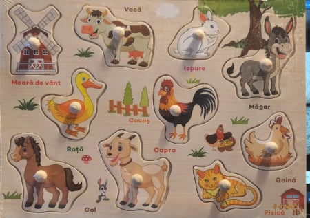 Micul explorator - Puzzle din Lemn Incastru cu Maner – Animale Domestice in Limba Roman