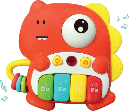Jocuri de indemanare si dexteritate - Pian Muzical Interactiv pentru Copii, Model Dinozaur, Lumini, Taste Do Re Mi si Inele Senzoriale