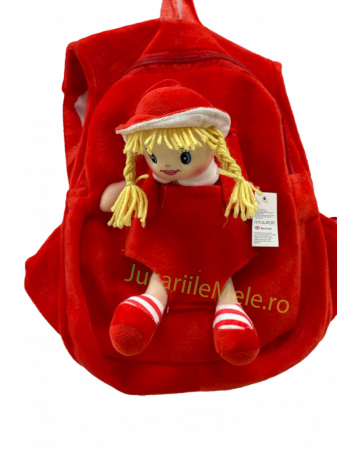 Articole pentru scoala si gradinita - Rucsac din plus de tip ghiozdanel pentru copii Rosu cu Papusa Vesela