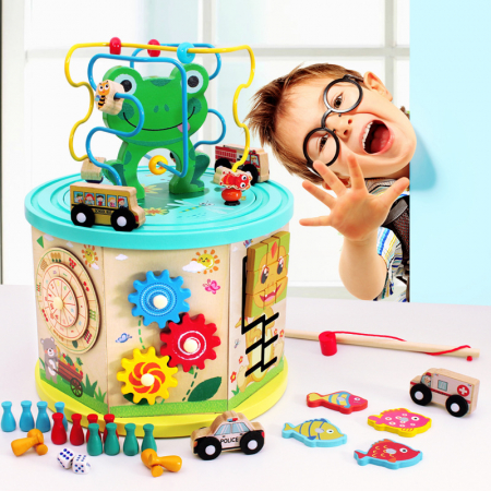 Reduceri - Idei de cadouri! - Jocul Motricitate Educativ din Lemn Broscuta Interactiva 9 în 1 Montessori