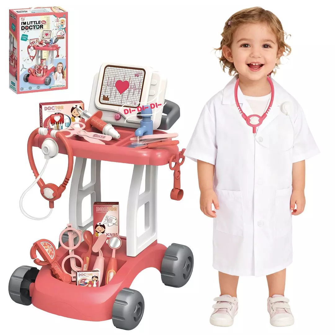 Jucarii copii si bebe - Set de Joaca Doctor pentru Copii cu Carucior Medical, Lumini, Sunete si Instrumente Medicale, Roz
