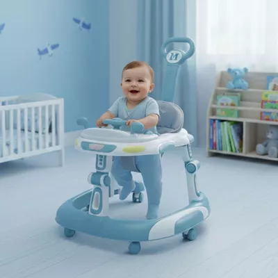 Jocuri si jucarii educative pe varsta - Premergator 3 in 1 cu Maner Parental, Volan si Sezut Reglabil, Pliabil, 6 Roti Silentioase, cu Maner de Impins, ALBASTRU