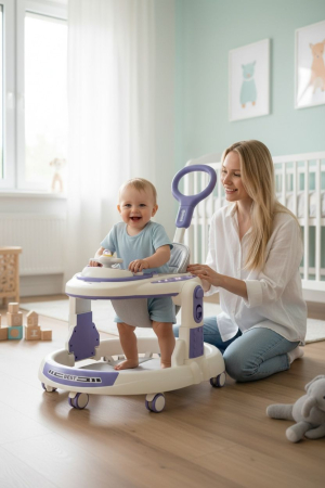 Premergatoare si antemergatoare bebe - Premergator Multifunctional 4 in 1, cu Maner de Impins, Centru de Activitati cu Lumini, Muzica si Tavita Gustari, ALBASTRU