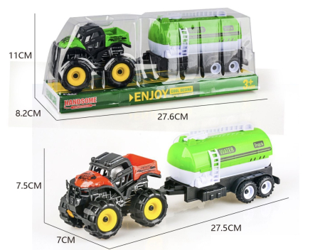 Copii 4 ani+ - Tractor de Jucarie cu Remorca Cisterna pentru Apa, Verde, 27,5 cm