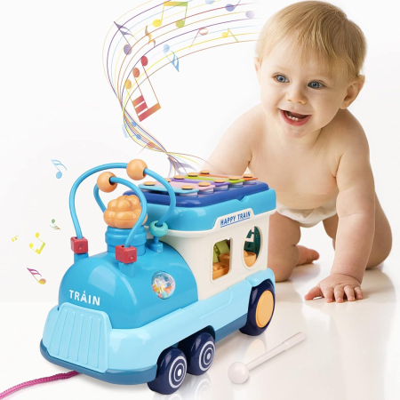 Jucarii si jocuri interactive pentru bebe - Jucarie Interactiva Locomotiva cu Activitati si Xilofon – Albastra