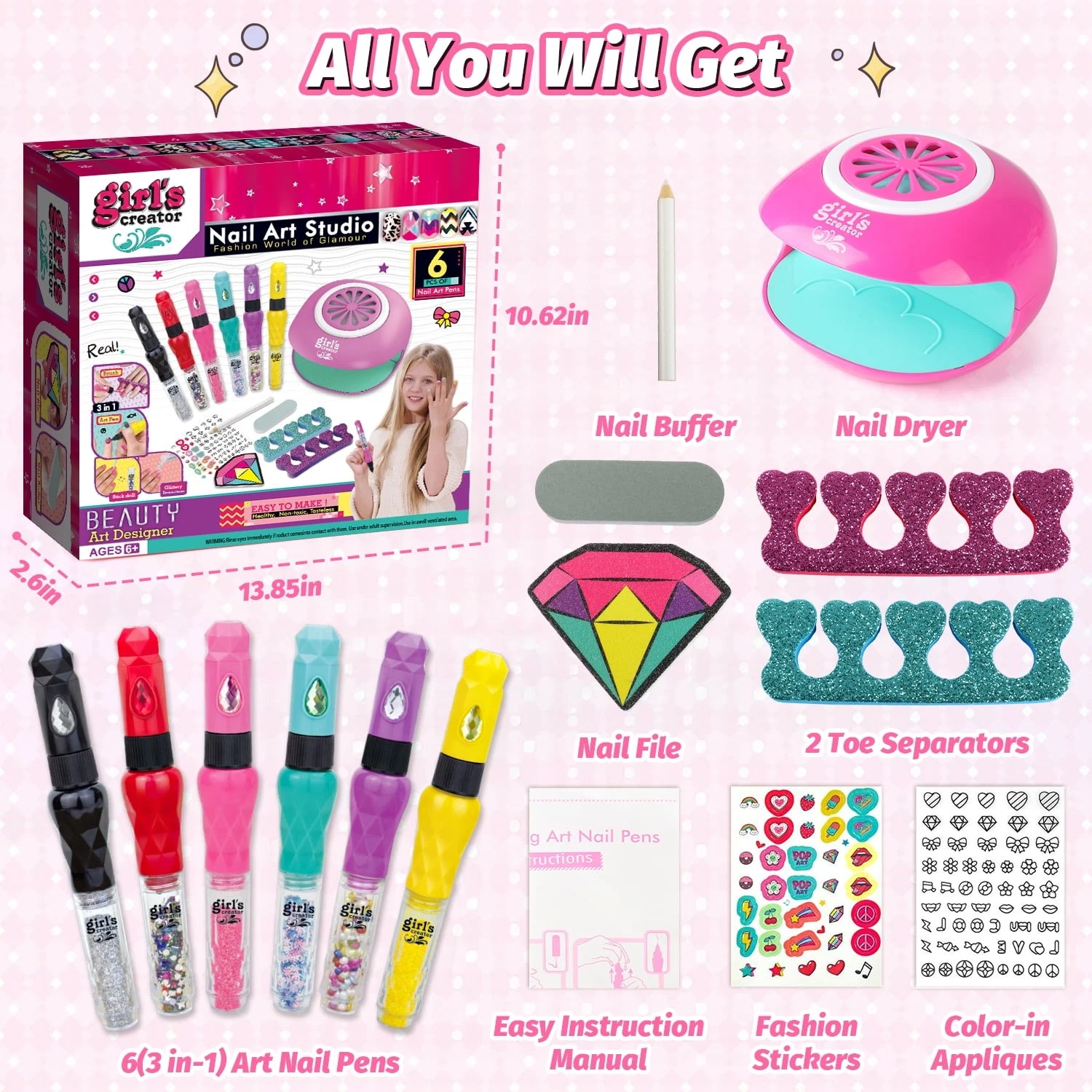 Set Complet de Manichiura pentru Copii cu 6 Creioane 3 in 1, Lampa de Unghii cu Aer si Accesorii Nail Art [3]