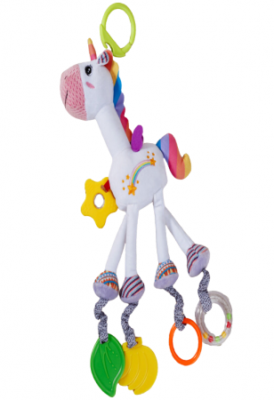 Bebe 9 luni+ - Jucarie zornaitoare de agatat si de dentitie, Model Unicorn
