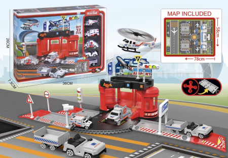 Copii 4 ani+ - Set Parcare Aeroport pentru Copii cu 37 Piese, Masini, Elicopter, Rosu