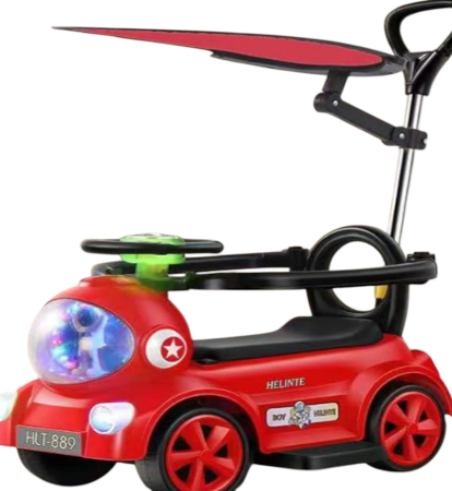 Copii 4 ani+ - Masinuta Electrica Ride-On pentru Copii cu Maner Parental, Parasolar, Lumini LED si Muzica, 6V, 2-4 Ani, ROSU