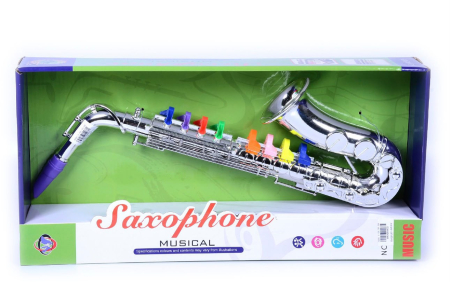 Jucarii instrumente muzicale - Saxofon Muzical de Jucarie pentru Copii cu 8 Clape Colorate, Jucarie de Rol si pentru Serbare, ARGINTIU