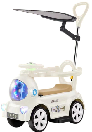 Copii 4 ani+ - Masinuta Electrica Ride-On pentru Copii cu Maner Parental, Parasolar, Lumini LED si Muzica, 6V, 2-4 Ani, ALB