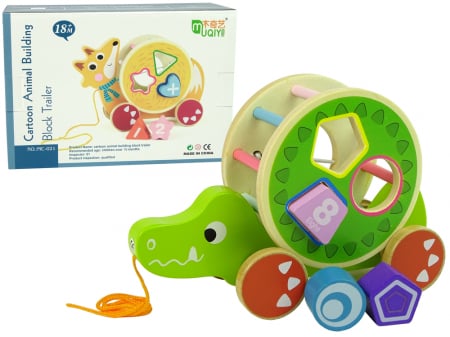 Jucarii din lemn educative - Jucarie de Tras si Impins din Lemn cu Sortator, Crocodil