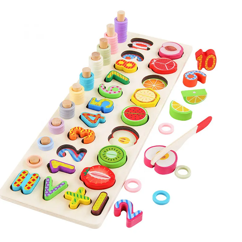Copii 3 ani+ - Joc Montessori din Lemn Educativ, 5 in 1, cu Fructe si Cifre