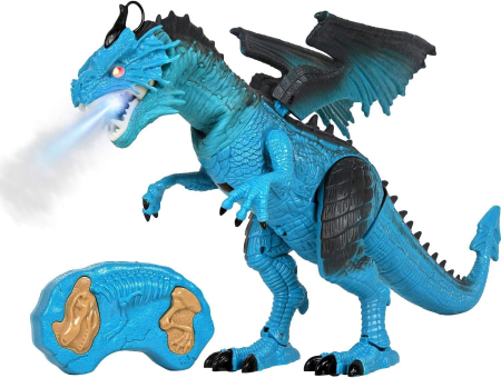 Jucarii copii si bebe - Dragon de Jucarie cu Telecomanda, Lumini, Sunete, Aripi Mobile si Efect de Fum, 26 cm, Albastru