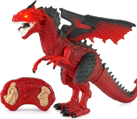 Copii 4 ani+ - Dragon de Jucarie cu Telecomanda, Lumini, Sunete, Aripi Mobile si Efect de Fum, 26 cm, Rosu