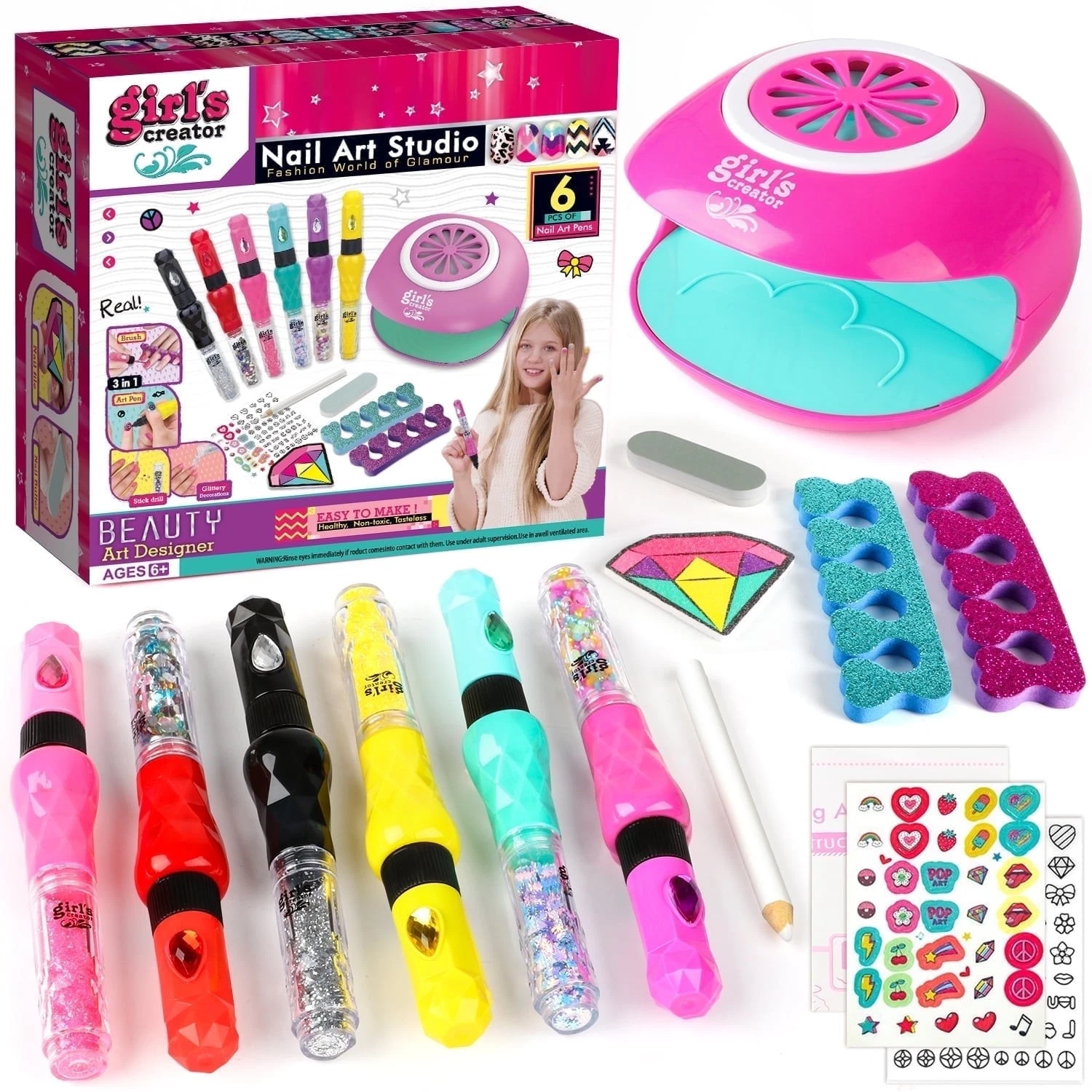 Set Complet de Manichiura pentru Copii cu 6 Creioane 3 in 1, Lampa de Unghii cu Aer si Accesorii Nail Art [1]
