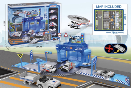Copii 4 ani+ - Set Parcare Aeroport pentru Copii cu 37 Piese, Masini, Elicopter, Albastru