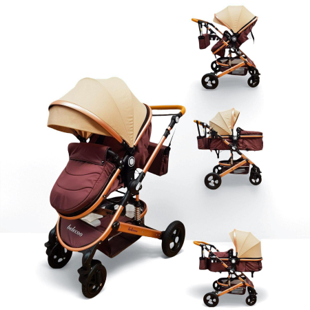Carucioare - Carucior 2 in 1, Cadru din Aluminiu, Landou Reversibil, Roti din Cauciuc si Accesorii Incluse, CREM/MARO