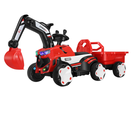 Copii 6 ani+ - Excavator Electric 2 in 1, Premergător, Motor 35W cu Baterie 6V, Remorca Detasabila, Muzică, lumini LED, 2 ani +, ROSU