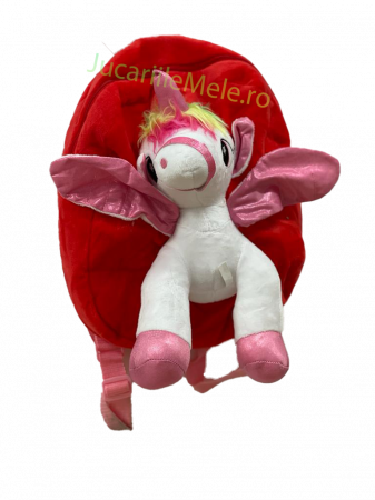 Rucsac din plus de tip ghiozdanel pentru copii Rosu cu Unicorn Vesel