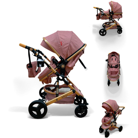 Carucioare si articole transport copii si bebelusi - Carucior 2 in 1, Cadru din Aluminiu, Landou Reversibil, Roti din Cauciuc si Accesorii Incluse, ROZ/AURIU