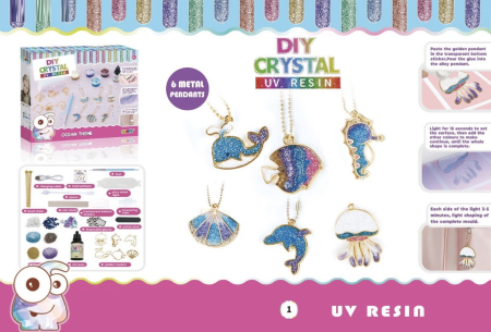 Jucarii copii si bebe - Set Creativ DIY de Facut Pandative UV din Rasina pentru Copii, 6 Pandantive, Lampa si Accesorii - Animale Marine