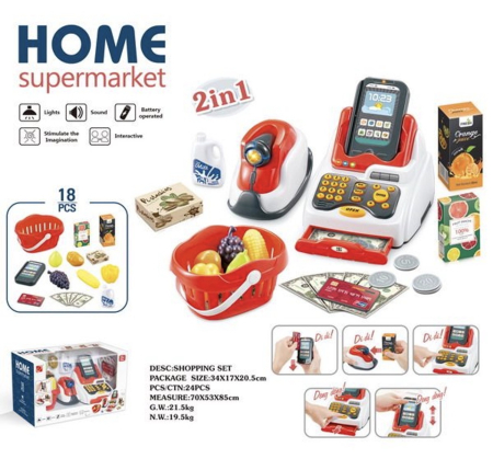 Copii 4 ani+ - Set Casa de Marcat de Jucarie pentru Copii, 18 Piese, cu Scanner, POS, Cos de Cumparaturi