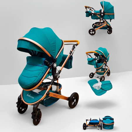 Carucioare - Carucior 2 in 1, Cadru din Aluminiu, Landou Reversibil, Roti din Cauciuc si Accesorii Incluse, TURCOAZ