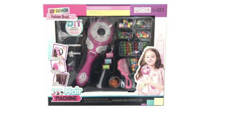 Copii 4 ani+ - Set Aparat Electric de Impletit Parul pentru Copii, 100 Piese, cu Margele, Fire Colorate si Accesorii, Roz