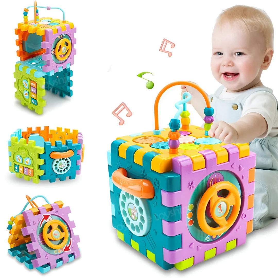 Jocuri de indemanare si dexteritate - Cub Educativ 6 in 1 pentru Bebelusi, Sortator de Forme, Pian, Volan si Activitati Montessori