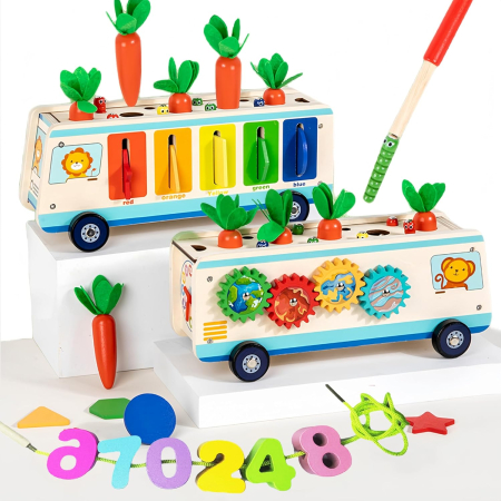 Copii 1 an+ - Jucarie Educativa Montessori 8 in 1 pentru Copii din Lemn, Centru de Activitati cu Pescuit Magnetic, Joc cu Morcovi, Ceas si Sortator,  1 An +