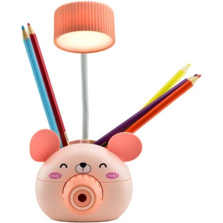 Camera copilului - Lampa de Birou cu Ascutitoare, Miss Urechila - Roz, cu Incarcare USB si Suport Creioane