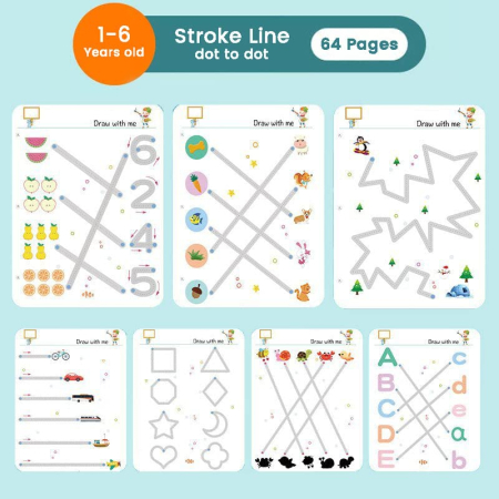 Caiet Interactiv Reutilizabil pentru Copii, Jocuri de Logica, Exercitii de Trasare Linii si Forme Geometrice, 64 Pagini, 3 Ani + [3]