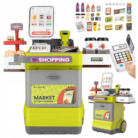 Copii 4 ani+ - Supermarket de Jucarie pentru Copii, Set 48 Piese, Casa de Marcat, Scanner cu Lumini si Sunete, Verde