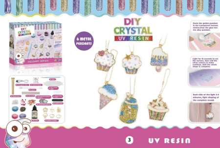 Jucarii copii si bebe - Set Creativ DIY de Facut Pandative UV din Rasina pentru Copii, 6 Pandantive, Lampa si Accesorii - Desert