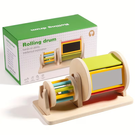 Jucarie Educativa din Lemn Montessori, Tambur Rotativ Curcubeu pentru Bebelusi cu Oglinda, 6 luni + [1]