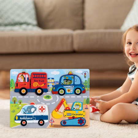 Jucarii din lemn - Puzzle din Lemn cu 4 Vehicule