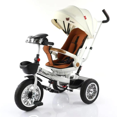 Tricicleta Evolutiva 4 in 1 pentru Copii, cu Spatar Reglabil, Copertina si Maner Parental, Sezut Rotativ, Alb/Maro [1]
