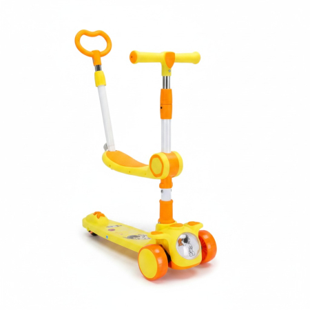 Jucarii de exterior - Trotineta Multifunctionala 3 in 1 pentru Copii cu Maner Parental si Scaunel, Jucarie de Exterior cu Muzica si Roti cu Lumini LED, PORTOCALIU