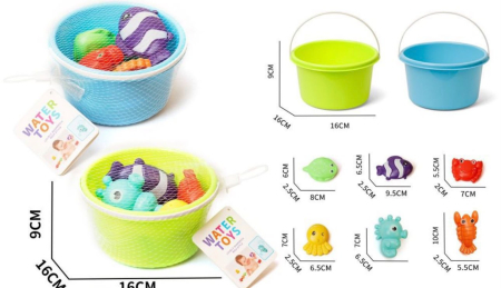 Jucarii pentru baie bebelus - Set Jucarii de Baie si Nisip in Galeata, 6 Figurine Animale Marine, GALBEN